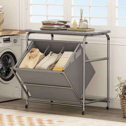Dreamade Laundry Sorter with Foldable Ironing Board 3 Section Tilt Out Laundry Hamper with Removable Bags