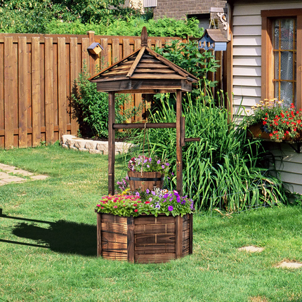 Dreamade Rustic Wooden Wishing Well Planter with Hanging Bucket, Roof Shadow