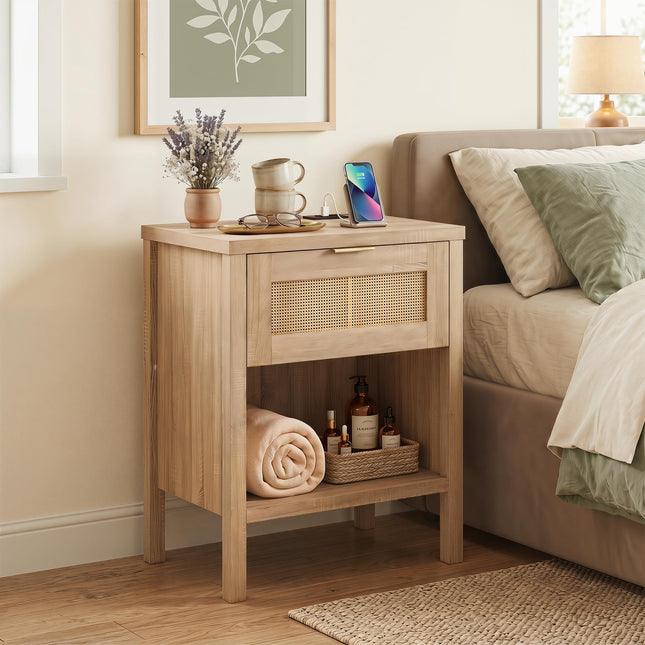 Dreamade Rattan Night Stand with Drawer and Open Shelf (1/2)