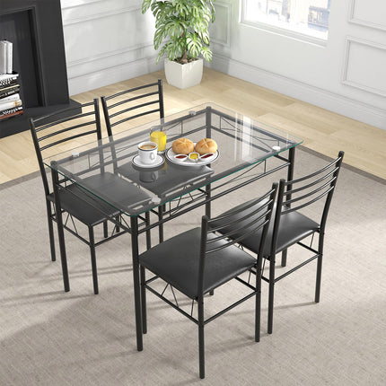 Dreamade 5 Piece Dining Table Set, Kitchen Dining Set with Tempered Glass Table Top and 4 Upholstered Chairs (Black)