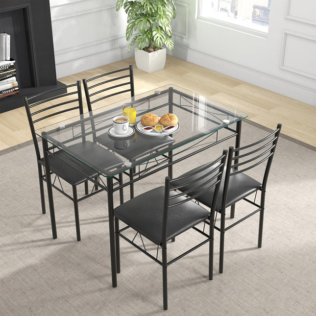 Dreamade 5 Piece Dining Table Set, Kitchen Dining Set with Tempered Glass Table Top and 4 Upholstered Chairs (Black)