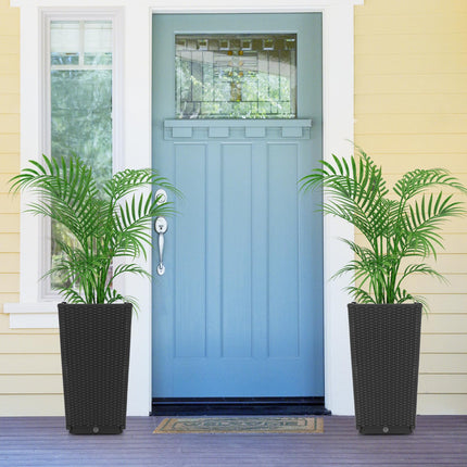 Dreamade Outdoor Wicker Flower Pot Set of 2, 22.5” Tall Planters with Drainage Hole, Self-Watering Tray