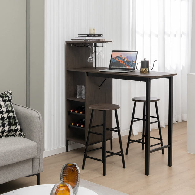 Dreamade 3 Pieces Bar Table and Stools Set, Bistro Table Set with Glass Holder (Brown)