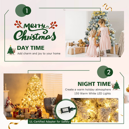 Dreamade 4.5 FT Pre-Lit Snow Flocked Christmas Tree, Artificial Hinged Xmas Tree W/ 150 LED Lights - DreamadeUS