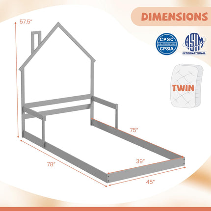 Dreamade Twin Floor Bed for Kids, Wood Montessori Floor Bed with Chimney Headboard & Handrail