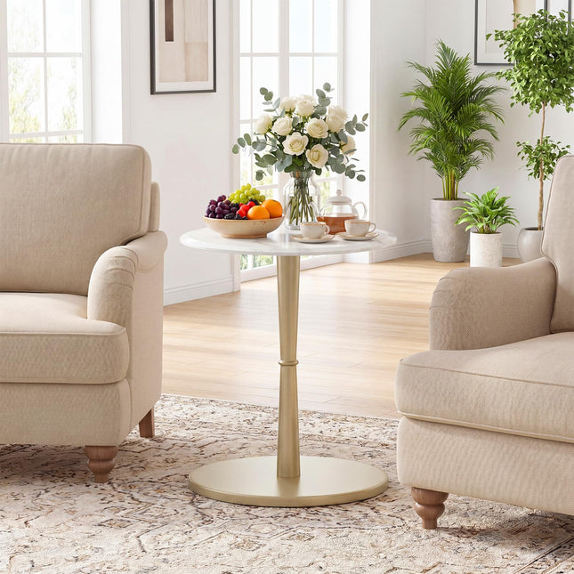 Dreamade Round Marble Side Table w/Stone Finish & Wooden Pedestal (1/2)