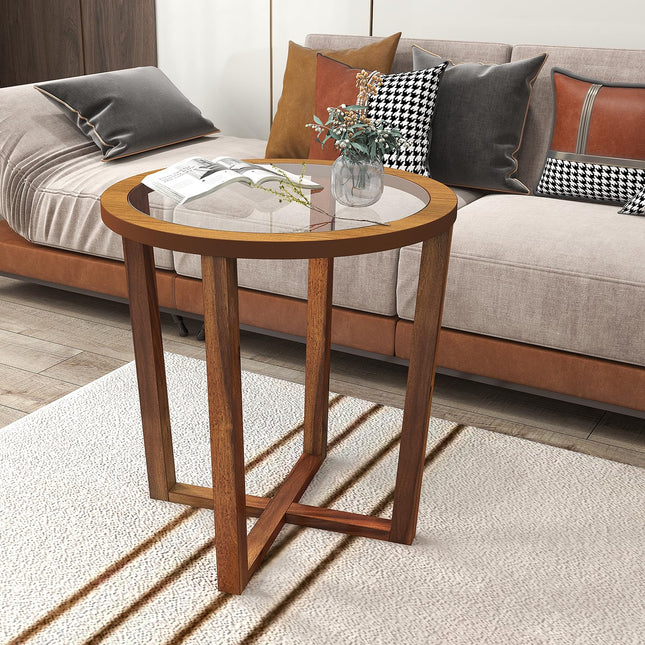 Dreamade Glass Round End Table, Sofa Side Table with Transparent Tempered Glass Top