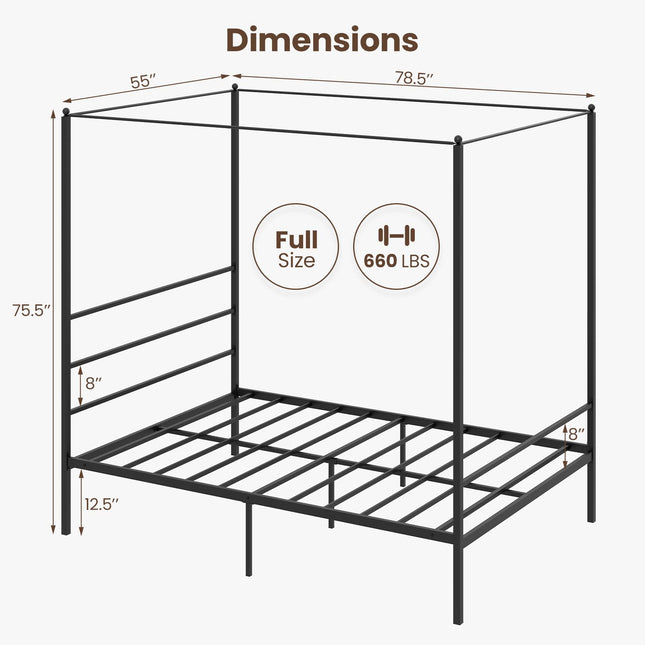 Dreamade Full Size Metal Canopy Bed Frame, Modern Platform Bed Frame with 4 Poster & Headboard
