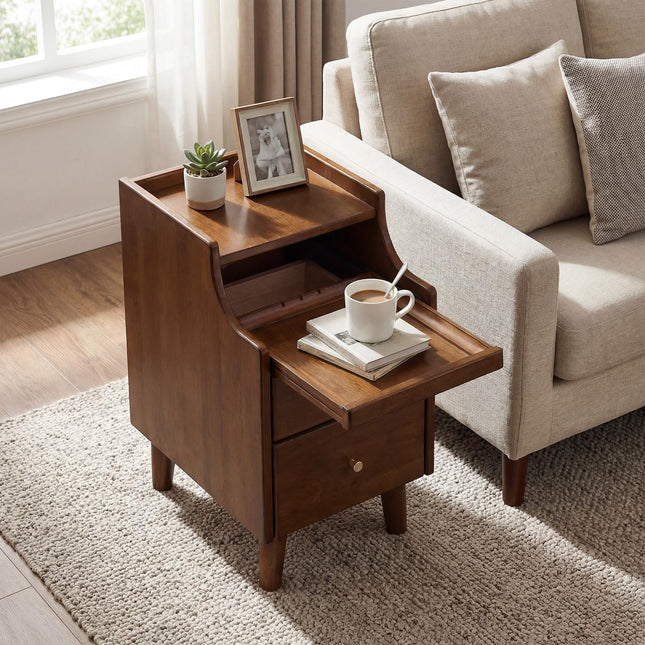Dreamade 12'' Slim Wood Bedside Table w/Pull-Out Tray & Cable Hole (1/2)