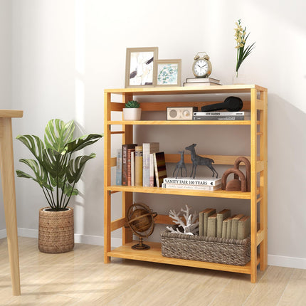 Dreamade 4-Tier Bookshelf, 34.5" Floor Storage Shelf w/Rubber Wood Frame, Anti-Toppling Kits, Side Fences