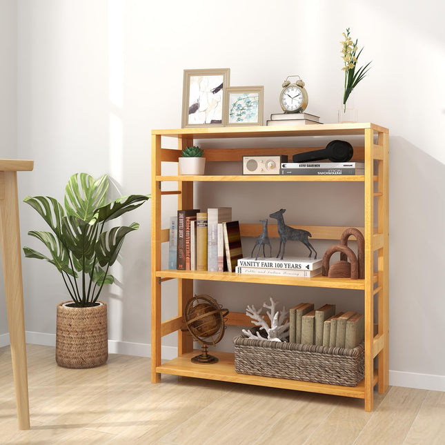 Dreamade 4-Tier Bookshelf, 34.5" Floor Storage Shelf w/Rubber Wood Frame, Anti-Toppling Kits, Side Fences