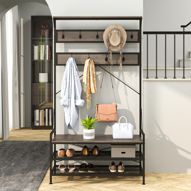 Dreamade Freestanding Hall Tree with Shoe Storage Rack and 11 Hanging Hooks