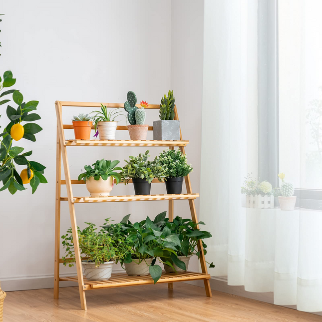 Dreamade 3 Tier Folding Storage Shelf, Bamboo Ladder Plant Stand