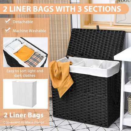 Dreamade Laundry Hamper w/Wheels, 3 Section Hamper 125L w/2 Removable Liner Bags