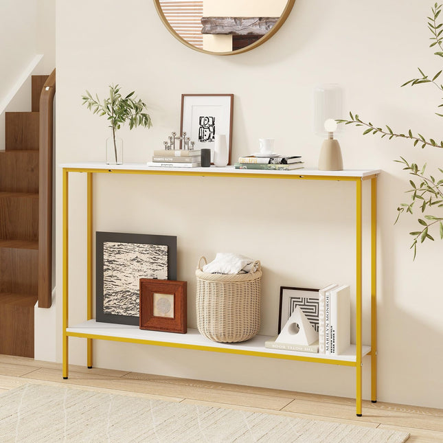 Dreamade Gold Console Table with Shelf, 44" Narrow Entryway Table w/Dual Anti-Tipping Kits & Golden Metal Frame