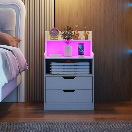 Dreamade Nightstand with LED Light and Charging Station for Living Room Bedroom