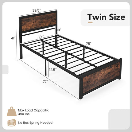 Dreamade Twin Bed Frames for Kids, Industrial Metal Platform Bed with Headboard