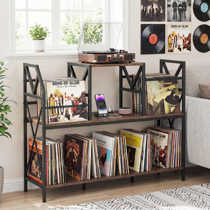 Dreamade Large Record Player Stand with Charging Station & Dividers for Albums