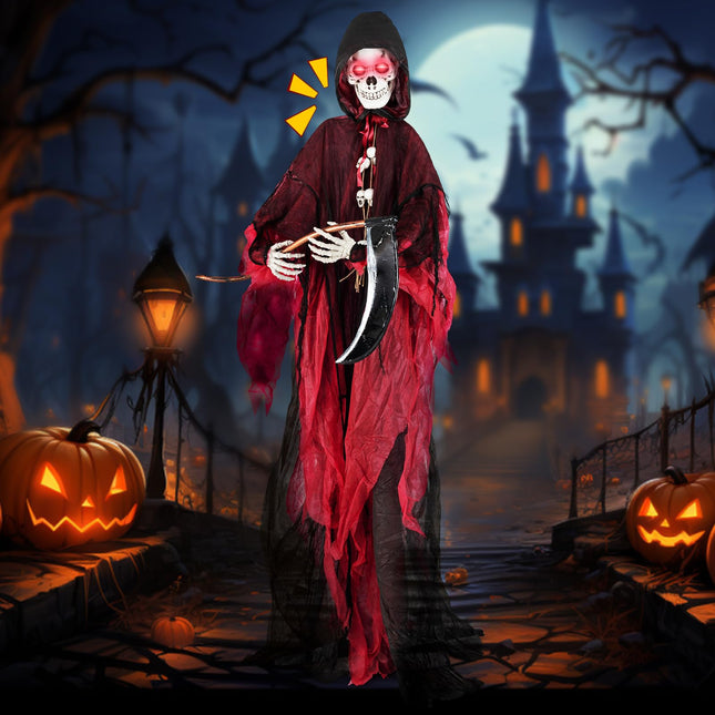 Dreamade 8 Ft Halloween Animatronics, Sound & Touch Activated Grim Reaper with Sickle, Glowing LED Eyes & Scary Voices
