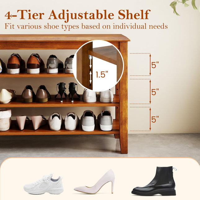 Dreamade 4-Tier Rubber Wood Shoe Rack Bench with Adjustable Shelves