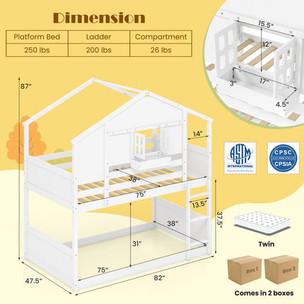 Dreamade Bunk Bed Twin Over Twin, Wood House Bed for Kids with Roof, Window Door, White