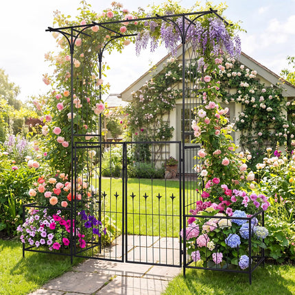 Dreamade 79" W x 81" H Metal Garden Arbor with Gate and Planter