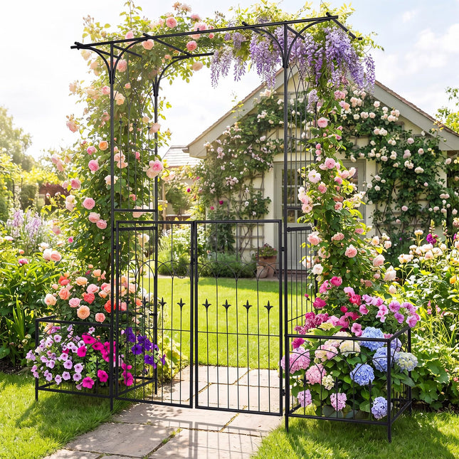 Dreamade 79" W x 81" H Metal Garden Arbor with Gate and Planter