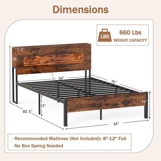 Dreamade Full Size Bed Frame with LED Lights & Charging Station