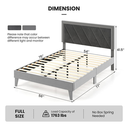 Dreamade Full Size Velvet Bed Frame with Headboard, Modern Upholstered Platform Bed, No Box Spring Needed, Black & Gray