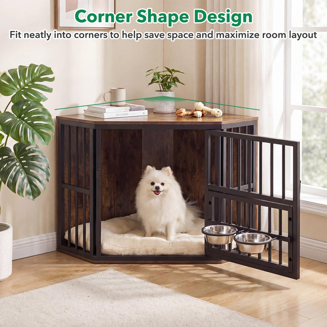 Dreamade Corner Dog Crate Furniture with Adjustable & Reversible Elevated Feeder