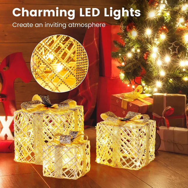 Dreamade Set of 3 Christmas Lighted Gift Boxes, 90 LED Light up Present Boxes with Bows