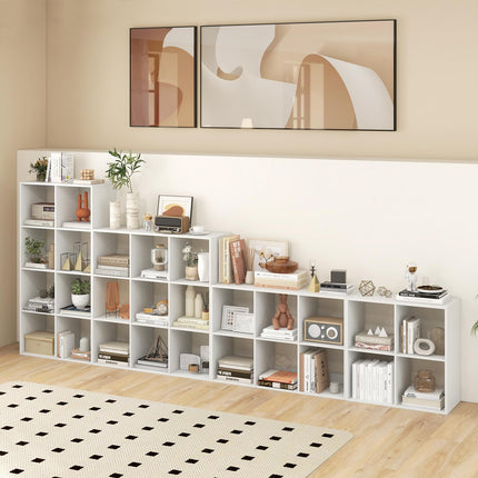 Dreamade 4-Cube Bookcase, White Cubby Bookshelf w/Back Guardrail & Anti-Tipping Kits
