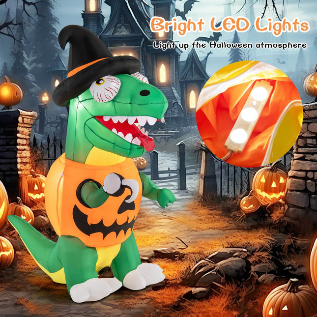 Dreamade 6 FT Inflatable Pumpkin Dinosaur, Blow up Yard Decoration with Built-in LED Lights & Witch Hat