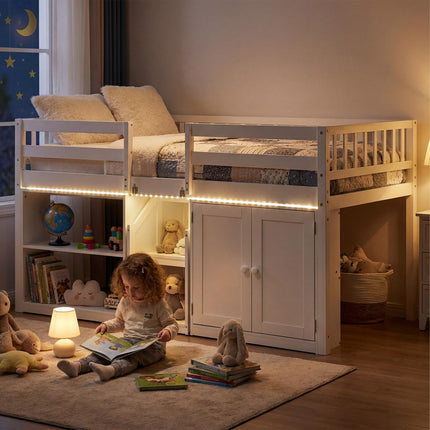 Dreamade Low Loft Bed Twin Size with LED Lights, Wooden Bed Frame