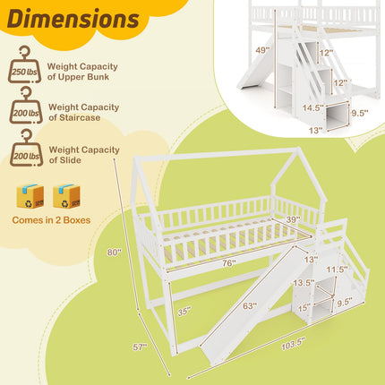 Dreamade House Bunk Bed Twin Over Twin with Slide and Stairs