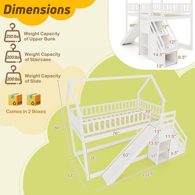 Dreamade House Bunk Bed Twin Over Twin with Slide and Stairs
