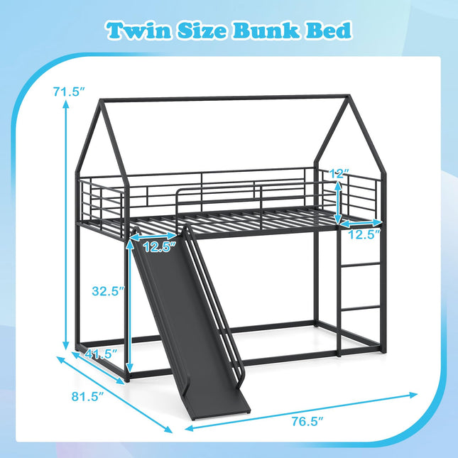Dreamade Twin Over Twin Bunk Bed with Slide & Ladder House-Shaped Metal Bunk Bed Frame with Safety Guardrail & Roof