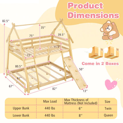 Dreamade Twin Over Queen Bunk Bed, Wood House Bunk Bed for Kids with Climbing Nets and Ramp