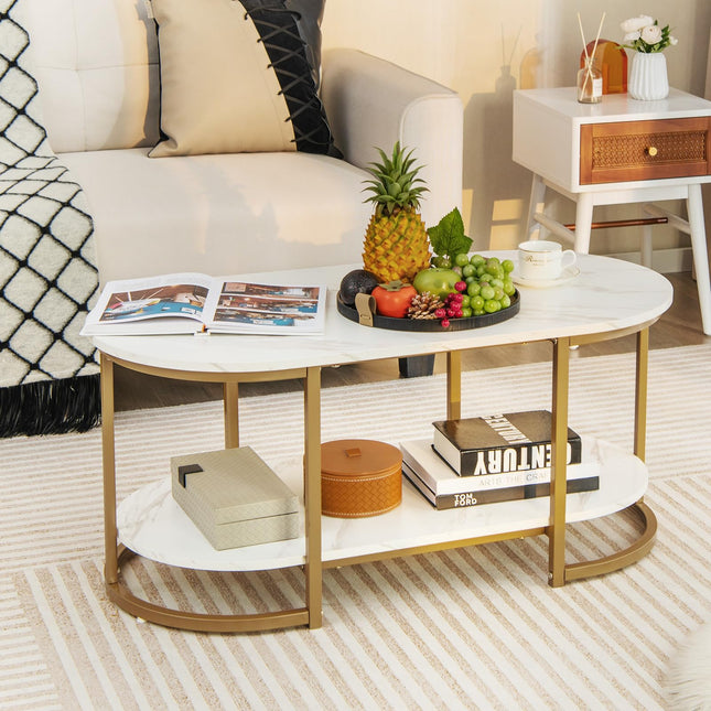 Dreamade White Marble Coffee Table - Modern 2-Tier Center Table w/Open Storage Shelf