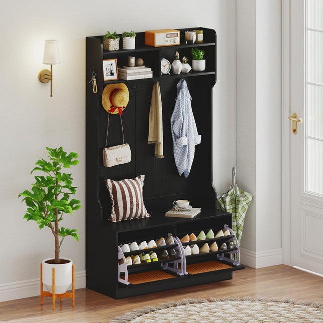 Dreamade 4-In-1 Hall Tree Entryway Bench with Coat Rack & Flip Drawers