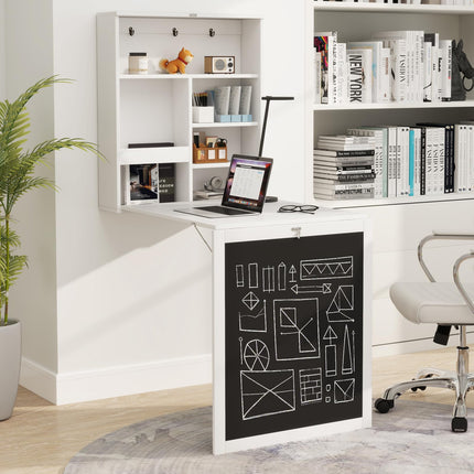 Dreamade Foldable Wall Mounted Desk with Storage Shelves Hooks & Chalkboard