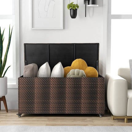 Dreamade 96-Gallon Outdoor Storage Box - PE Wicker Deck Box with Lid, Outside Rattan Storage