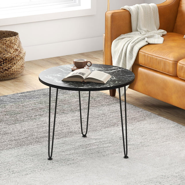 Dreamade Round Coffee Table, Faux Marble Center Table with Metal Legs, Sofa Accent Side Table