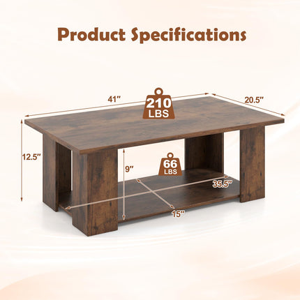 Dreamade Rectangle Wood Center Table, 41" L 2-Tier Large Modern Tea Table w/Open Compartment