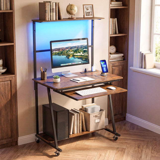 Dreamade 31.5" Small Computer Desk with Charging Station & LED Lights
