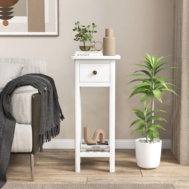 Dreamade Narrow End Table with Drawer, Tall Acacia Wood Side Table with Bottom Shelf, Modern Bedside Tables