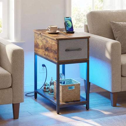 Dreamade Narrow Side Table with Charging Station and LED Lights Industrial End Table