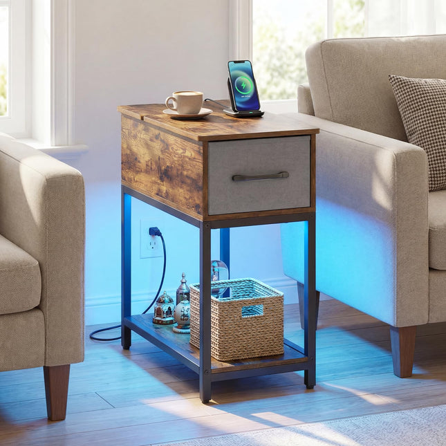 Dreamade Narrow Side Table with Charging Station and LED Lights Industrial End Table
