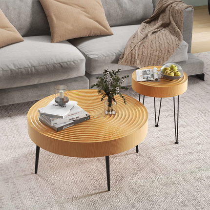 Dreamade Round Coffee Table Set of 2 - Sofa Side Nesting Table w/Solid Pine Wood Top