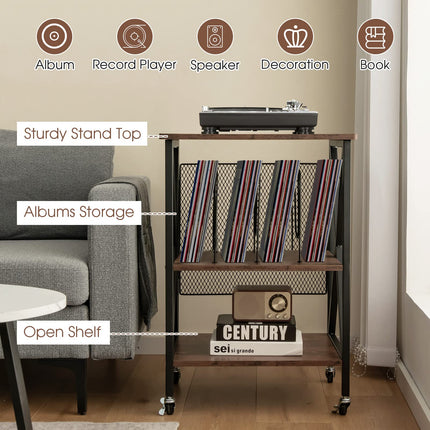 Dreamade Record Player Stand, Vinyl Record Storage Table w/ 3 M-shaped Dividers & 4 Rolling Wheels, Rustic Brown